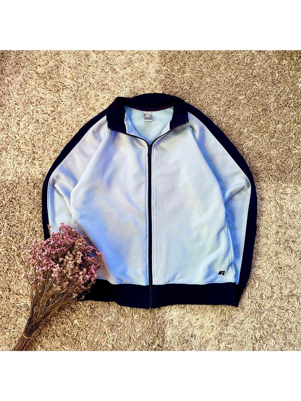 Vintage Russell Athletic Blue Zip Up Sweatshirt Pullover Stripes Women’s Size L